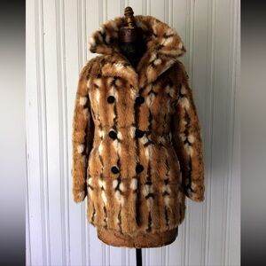 Faux Fur Double-Breasted Coat - Brown